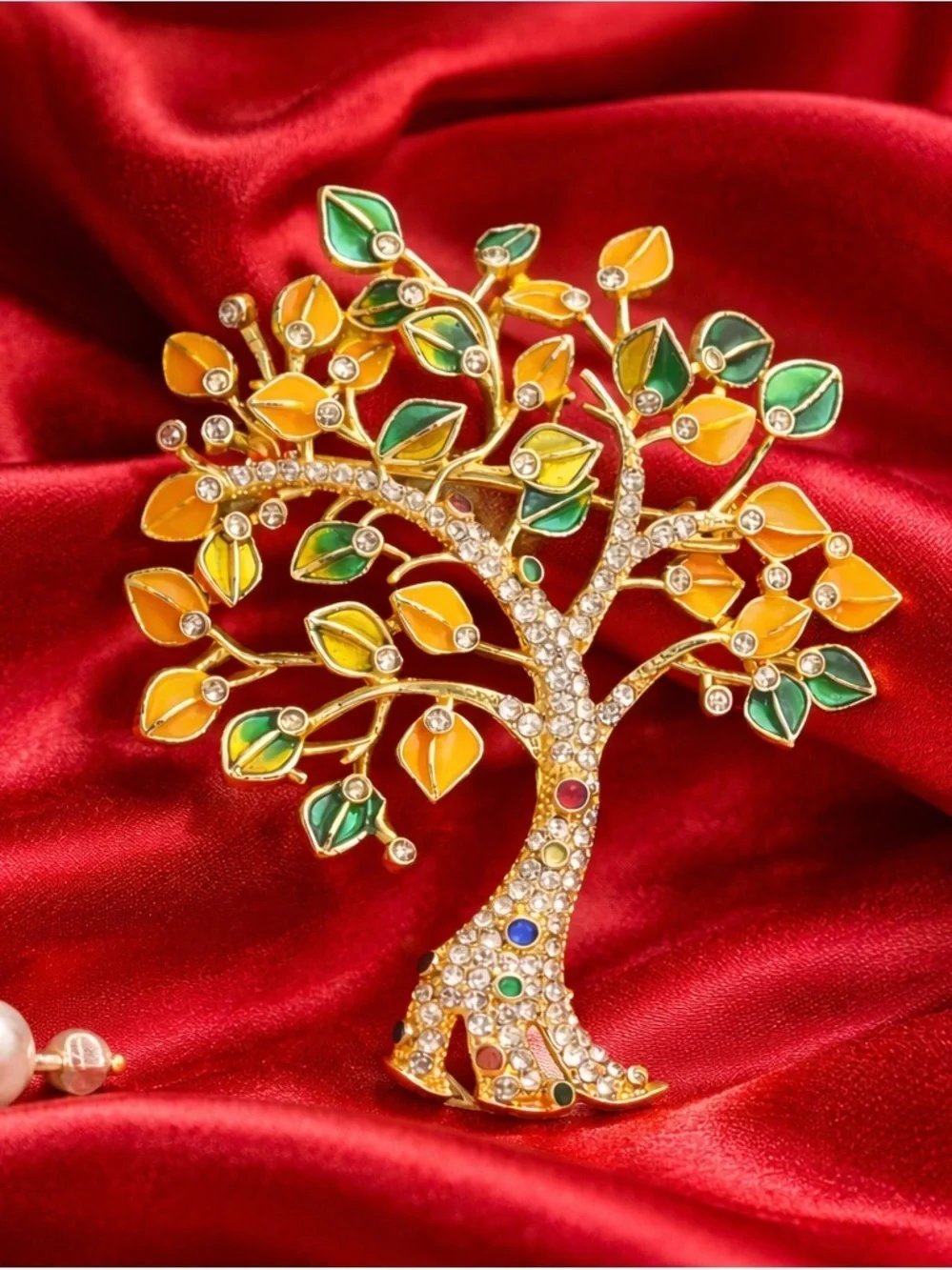 Family Tree Gold Crystal Colorful Leaf Pin Brooch